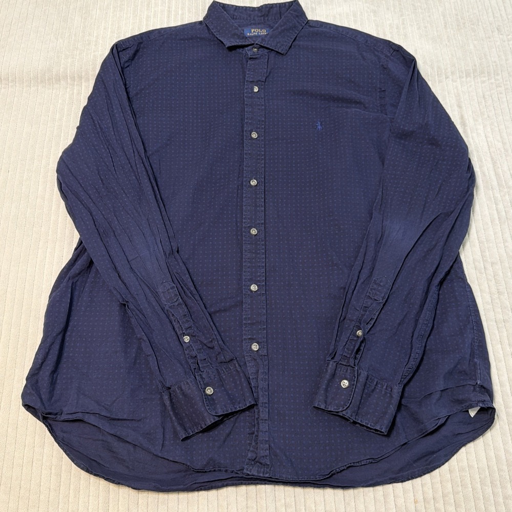 Polo Ralph Lauren Shirt Mens 2XL Navy Blue White Polka Dot Long Sleeve Button Up
